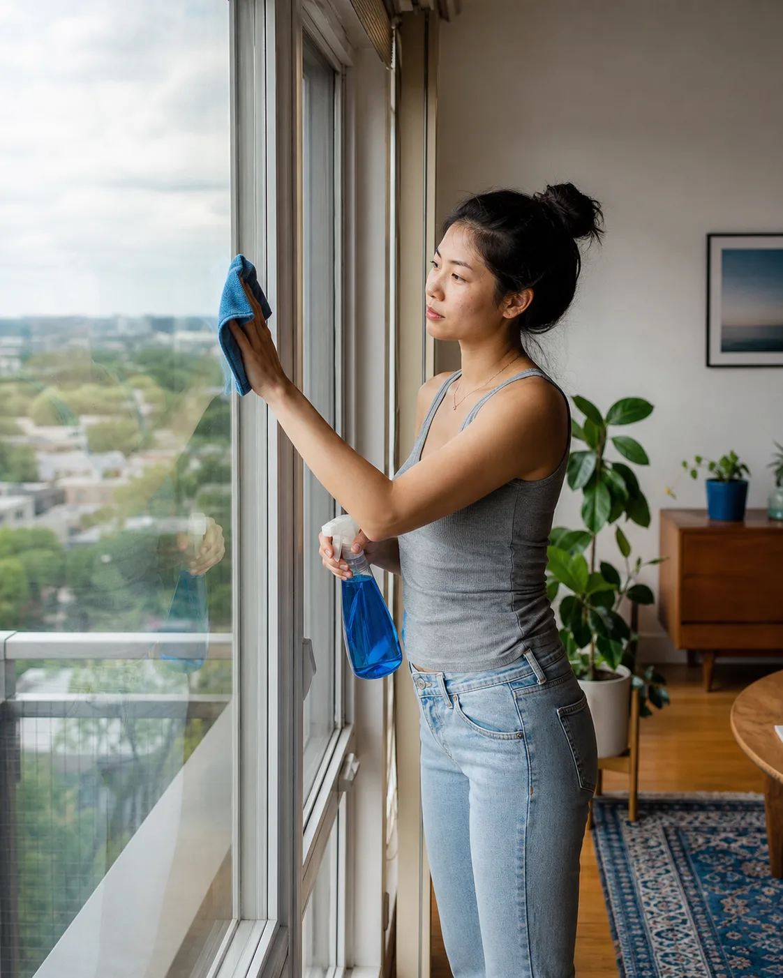 A person wiping an apartment window