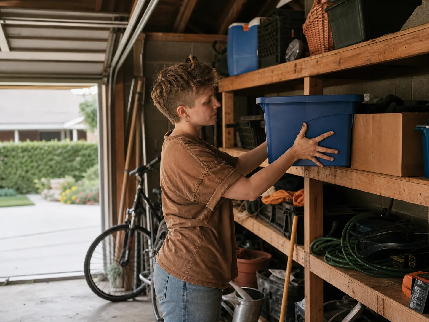 A person organizing a storage bin on a garage shelf